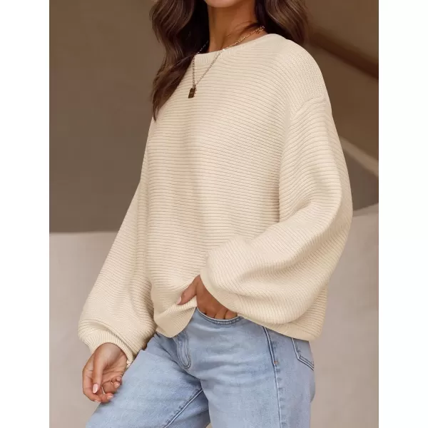 ZESICA Womens 2024 Crew Neck Long Lantern Sleeve Casual Loose Ribbed Knit Solid Soft Pullover Sweater TopsApricot