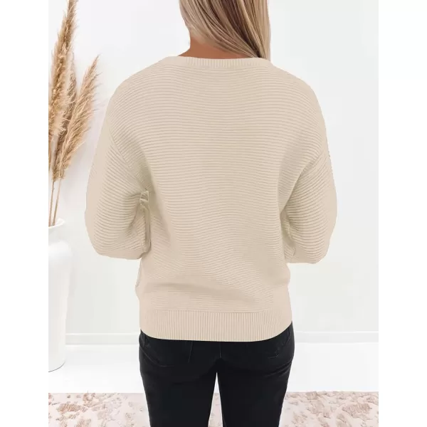 ZESICA Womens 2024 Crew Neck Long Lantern Sleeve Casual Loose Ribbed Knit Solid Soft Pullover Sweater TopsApricot