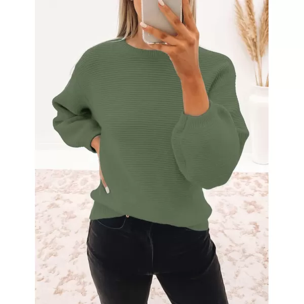 ZESICA Womens 2024 Crew Neck Long Lantern Sleeve Casual Loose Ribbed Knit Solid Soft Pullover Sweater TopsArmygreen