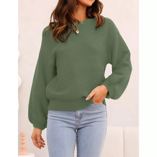 ZESICA Womens 2024 Crew Neck Long Lantern Sleeve Casual Loose Ribbed Knit Solid Soft Pullover Sweater TopsArmygreen