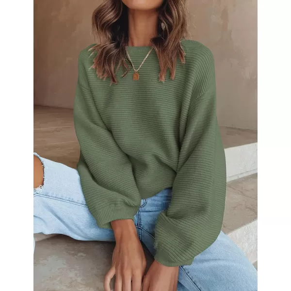 ZESICA Womens 2024 Crew Neck Long Lantern Sleeve Casual Loose Ribbed Knit Solid Soft Pullover Sweater TopsArmygreen