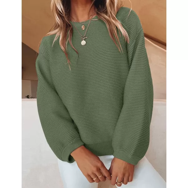ZESICA Womens 2024 Crew Neck Long Lantern Sleeve Casual Loose Ribbed Knit Solid Soft Pullover Sweater TopsArmygreen
