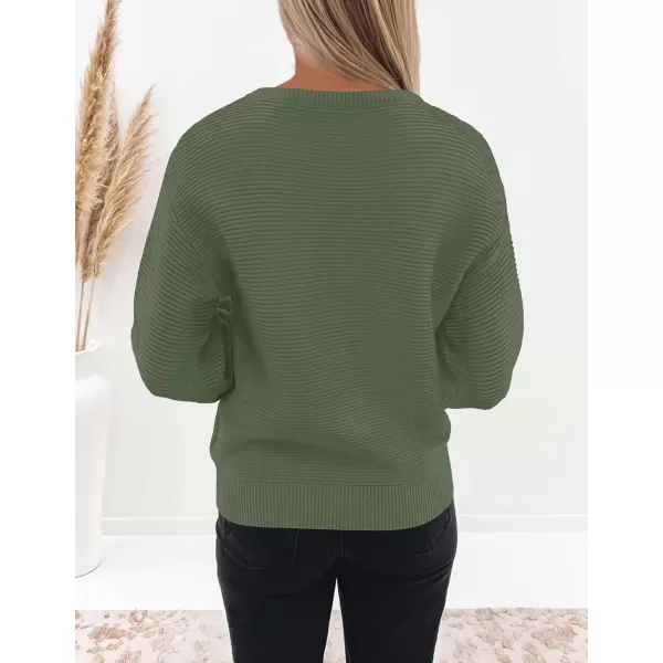 ZESICA Womens 2024 Crew Neck Long Lantern Sleeve Casual Loose Ribbed Knit Solid Soft Pullover Sweater TopsArmygreen