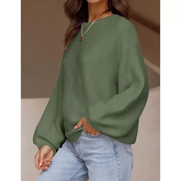 ZESICA Womens 2024 Crew Neck Long Lantern Sleeve Casual Loose Ribbed Knit Solid Soft Pullover Sweater TopsArmygreen