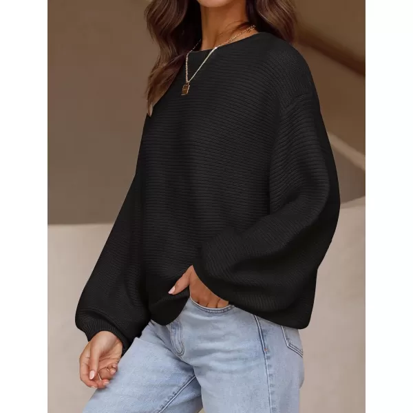ZESICA Womens 2024 Crew Neck Long Lantern Sleeve Casual Loose Ribbed Knit Solid Soft Pullover Sweater TopsBlack