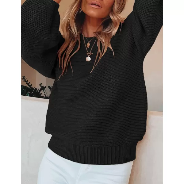 ZESICA Womens 2024 Crew Neck Long Lantern Sleeve Casual Loose Ribbed Knit Solid Soft Pullover Sweater TopsBlack