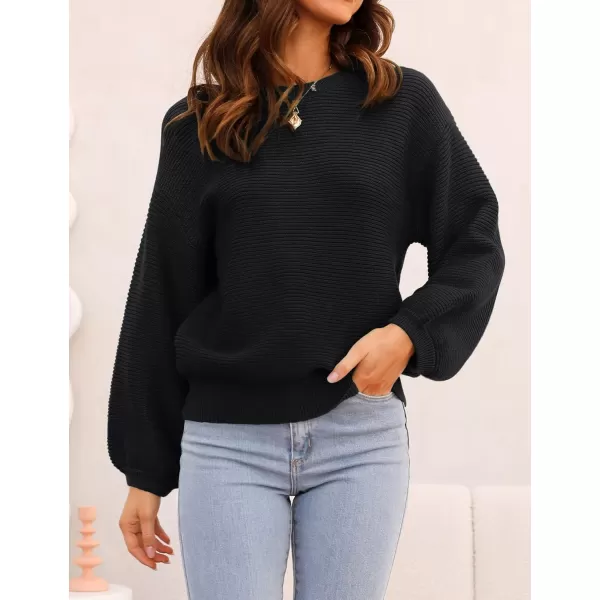 ZESICA Womens 2024 Crew Neck Long Lantern Sleeve Casual Loose Ribbed Knit Solid Soft Pullover Sweater TopsBlack
