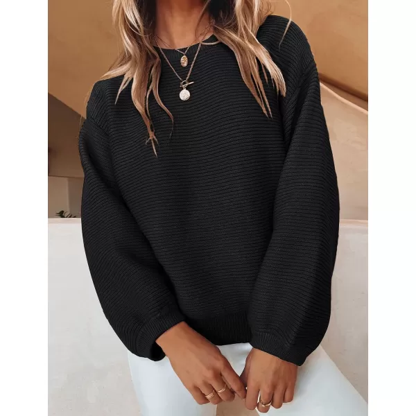 ZESICA Womens 2024 Crew Neck Long Lantern Sleeve Casual Loose Ribbed Knit Solid Soft Pullover Sweater TopsBlack