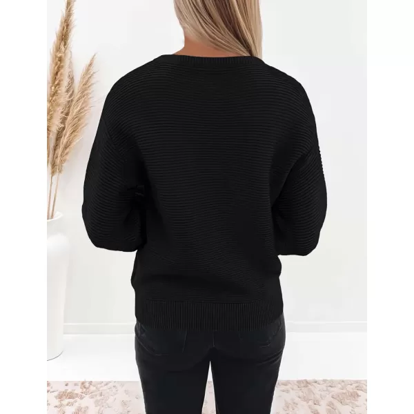 ZESICA Womens 2024 Crew Neck Long Lantern Sleeve Casual Loose Ribbed Knit Solid Soft Pullover Sweater TopsBlack