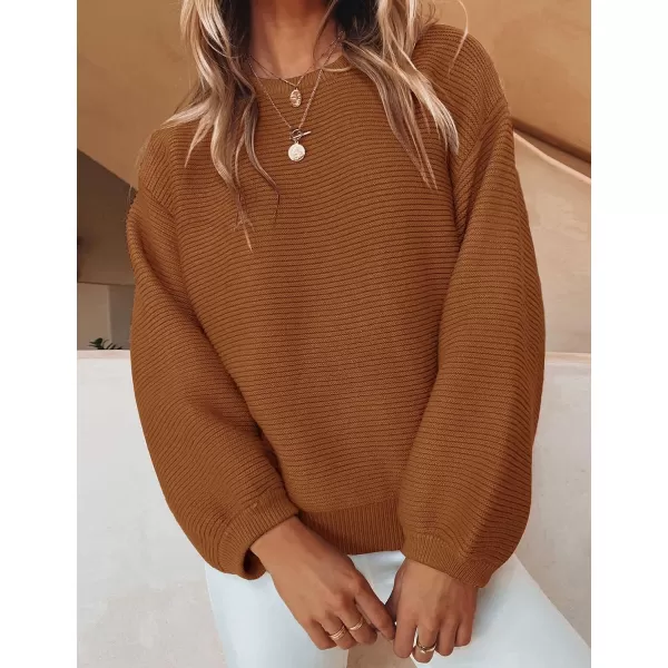 ZESICA Womens 2024 Crew Neck Long Lantern Sleeve Casual Loose Ribbed Knit Solid Soft Pullover Sweater TopsBrown