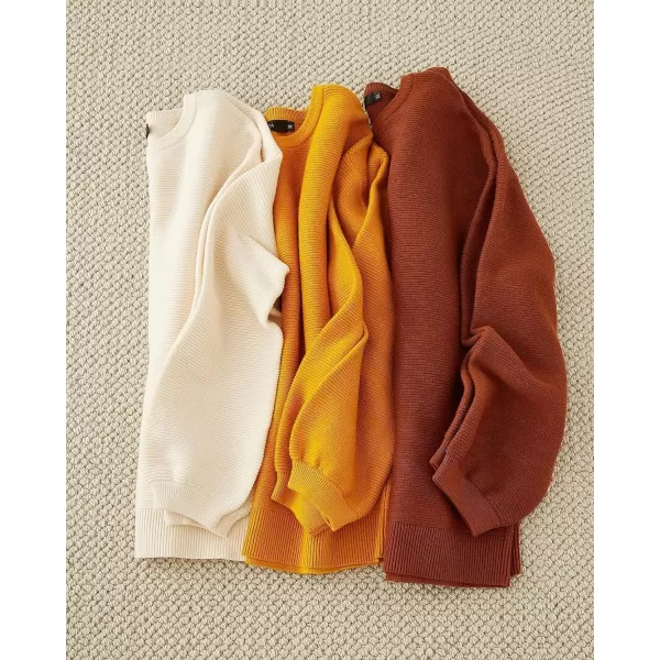 ZESICA Womens 2024 Crew Neck Long Lantern Sleeve Casual Loose Ribbed Knit Solid Soft Pullover Sweater TopsBrown