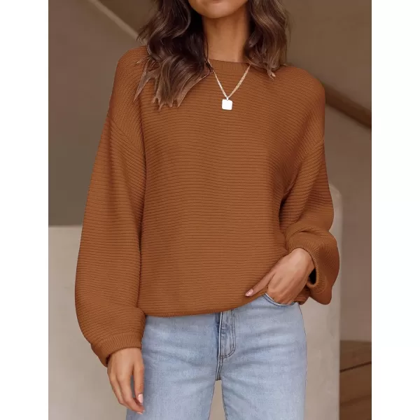 ZESICA Womens 2024 Crew Neck Long Lantern Sleeve Casual Loose Ribbed Knit Solid Soft Pullover Sweater TopsBrown