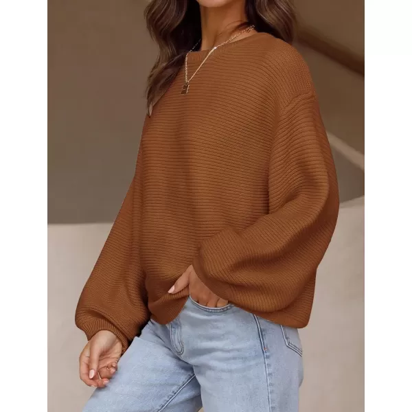 ZESICA Womens 2024 Crew Neck Long Lantern Sleeve Casual Loose Ribbed Knit Solid Soft Pullover Sweater TopsBrown