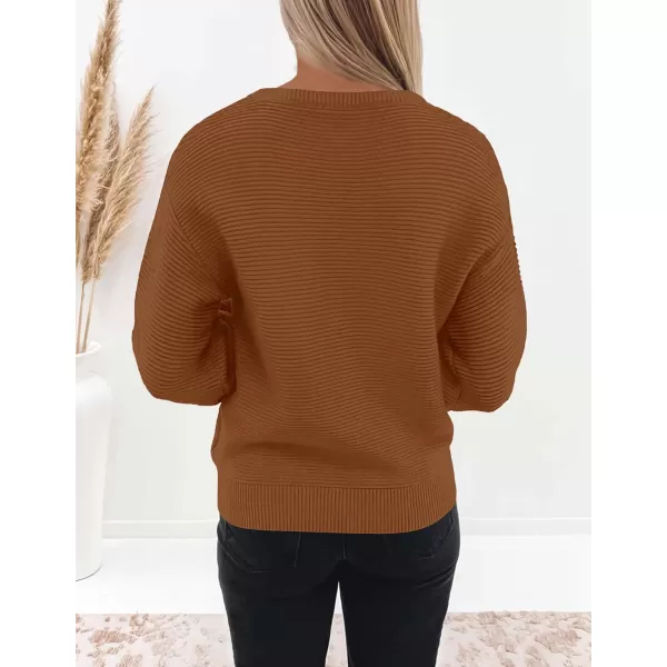 ZESICA Womens 2024 Crew Neck Long Lantern Sleeve Casual Loose Ribbed Knit Solid Soft Pullover Sweater TopsBrown