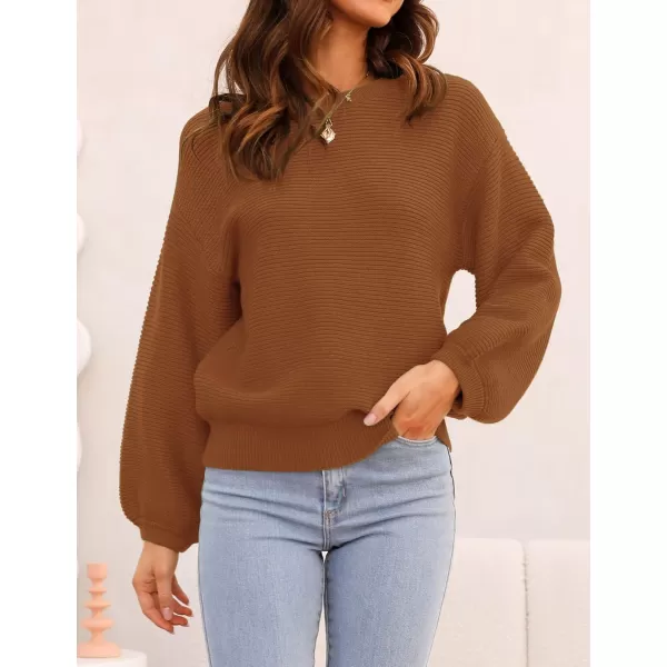 ZESICA Womens 2024 Crew Neck Long Lantern Sleeve Casual Loose Ribbed Knit Solid Soft Pullover Sweater TopsBrown
