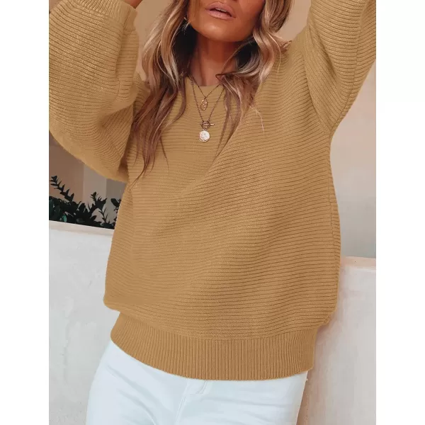 ZESICA Womens 2024 Crew Neck Long Lantern Sleeve Casual Loose Ribbed Knit Solid Soft Pullover Sweater TopsCamel