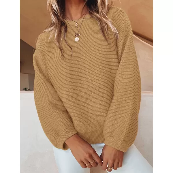 ZESICA Womens 2024 Crew Neck Long Lantern Sleeve Casual Loose Ribbed Knit Solid Soft Pullover Sweater TopsCamel