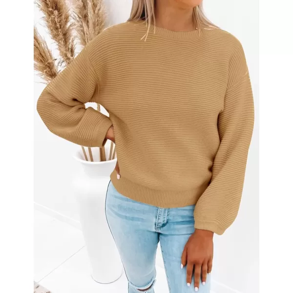 ZESICA Womens 2024 Crew Neck Long Lantern Sleeve Casual Loose Ribbed Knit Solid Soft Pullover Sweater TopsCamel