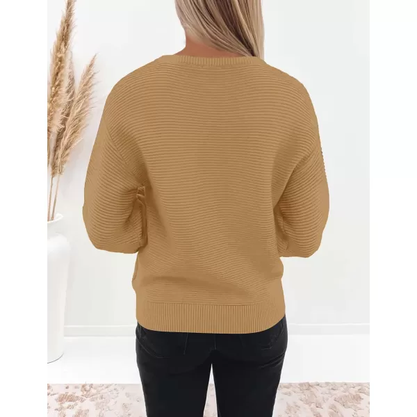 ZESICA Womens 2024 Crew Neck Long Lantern Sleeve Casual Loose Ribbed Knit Solid Soft Pullover Sweater TopsCamel