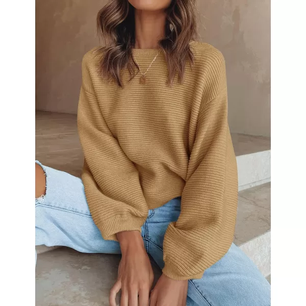 ZESICA Womens 2024 Crew Neck Long Lantern Sleeve Casual Loose Ribbed Knit Solid Soft Pullover Sweater TopsCamel