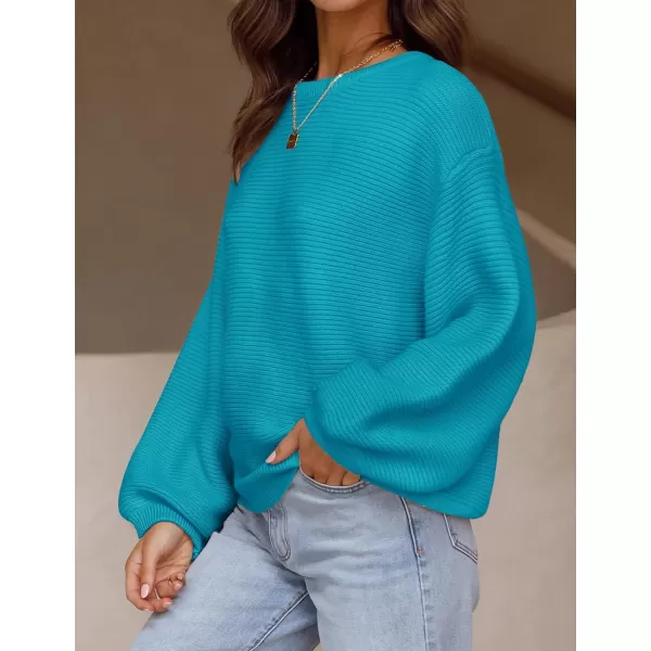 ZESICA Womens 2024 Crew Neck Long Lantern Sleeve Casual Loose Ribbed Knit Solid Soft Pullover Sweater TopsCobalt