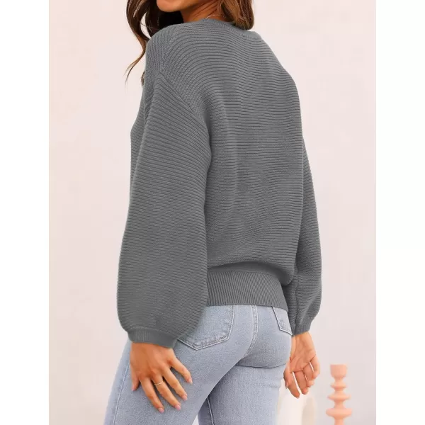 ZESICA Womens 2024 Crew Neck Long Lantern Sleeve Casual Loose Ribbed Knit Solid Soft Pullover Sweater TopsDarkgrey