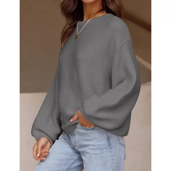 ZESICA Womens 2024 Crew Neck Long Lantern Sleeve Casual Loose Ribbed Knit Solid Soft Pullover Sweater TopsDarkgrey