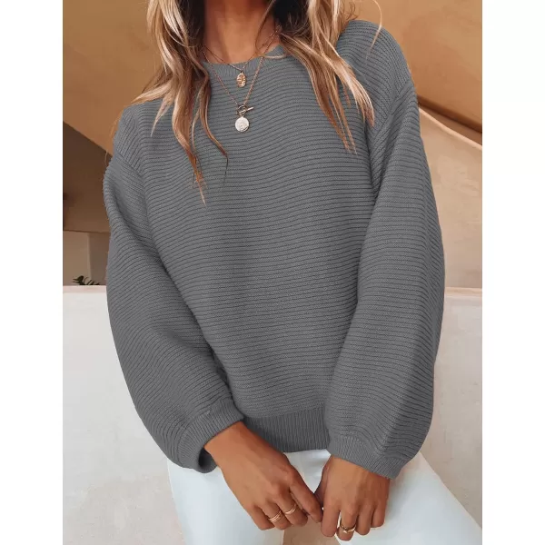 ZESICA Womens 2024 Crew Neck Long Lantern Sleeve Casual Loose Ribbed Knit Solid Soft Pullover Sweater TopsDarkgrey