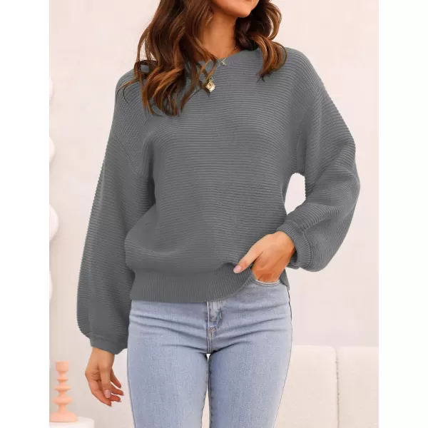 ZESICA Womens 2024 Crew Neck Long Lantern Sleeve Casual Loose Ribbed Knit Solid Soft Pullover Sweater TopsDarkgrey