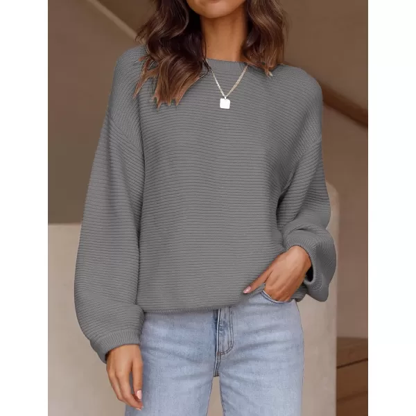 ZESICA Womens 2024 Crew Neck Long Lantern Sleeve Casual Loose Ribbed Knit Solid Soft Pullover Sweater TopsDarkgrey