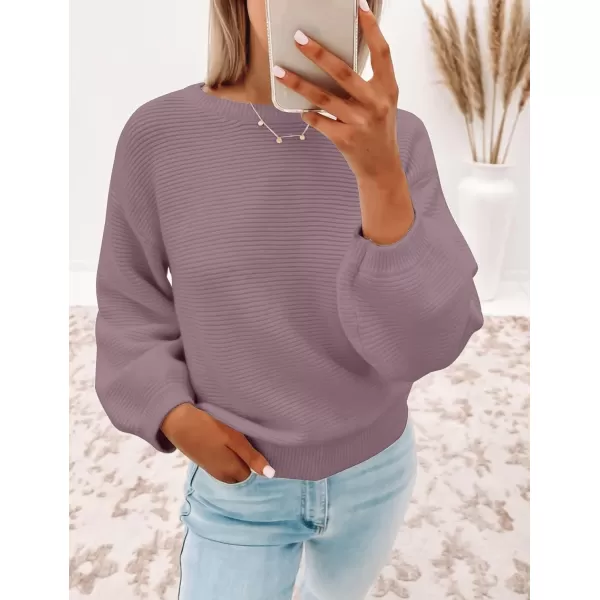 ZESICA Womens 2024 Crew Neck Long Lantern Sleeve Casual Loose Ribbed Knit Solid Soft Pullover Sweater TopsDarkviolet