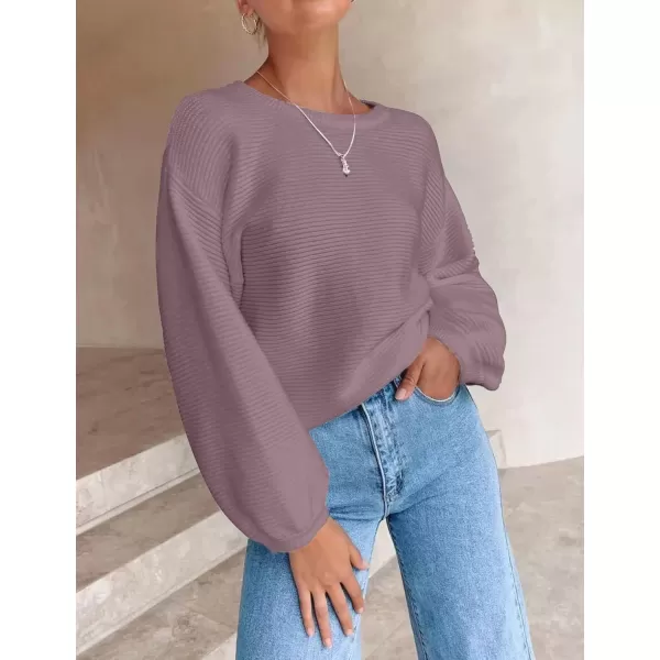 ZESICA Womens 2024 Crew Neck Long Lantern Sleeve Casual Loose Ribbed Knit Solid Soft Pullover Sweater TopsDarkviolet