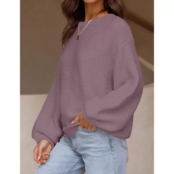 ZESICA Womens 2024 Crew Neck Long Lantern Sleeve Casual Loose Ribbed Knit Solid Soft Pullover Sweater TopsDarkviolet