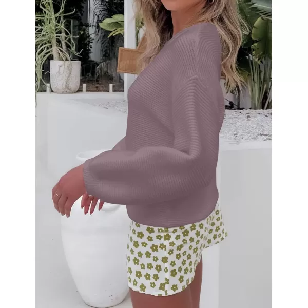 ZESICA Womens 2024 Crew Neck Long Lantern Sleeve Casual Loose Ribbed Knit Solid Soft Pullover Sweater TopsDarkviolet
