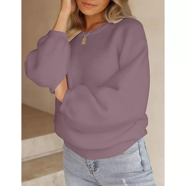 ZESICA Womens 2024 Crew Neck Long Lantern Sleeve Casual Loose Ribbed Knit Solid Soft Pullover Sweater TopsDarkviolet