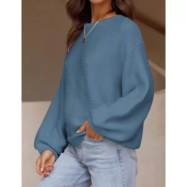ZESICA Womens 2024 Crew Neck Long Lantern Sleeve Casual Loose Ribbed Knit Solid Soft Pullover Sweater TopsDustyblue