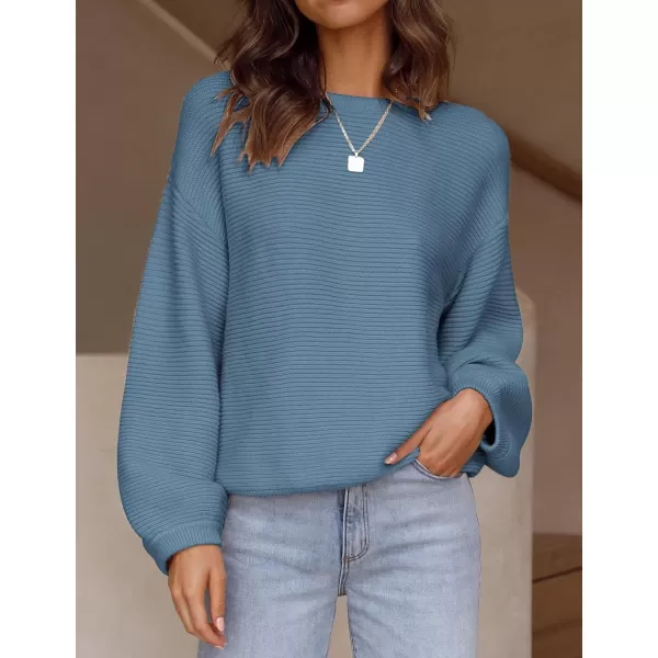 ZESICA Womens 2024 Crew Neck Long Lantern Sleeve Casual Loose Ribbed Knit Solid Soft Pullover Sweater TopsDustyblue