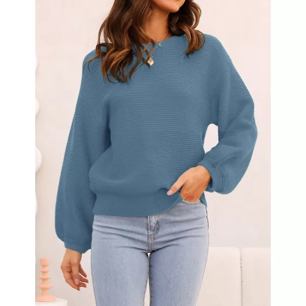 ZESICA Womens 2024 Crew Neck Long Lantern Sleeve Casual Loose Ribbed Knit Solid Soft Pullover Sweater TopsDustyblue