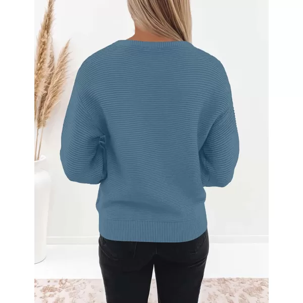 ZESICA Womens 2024 Crew Neck Long Lantern Sleeve Casual Loose Ribbed Knit Solid Soft Pullover Sweater TopsDustyblue