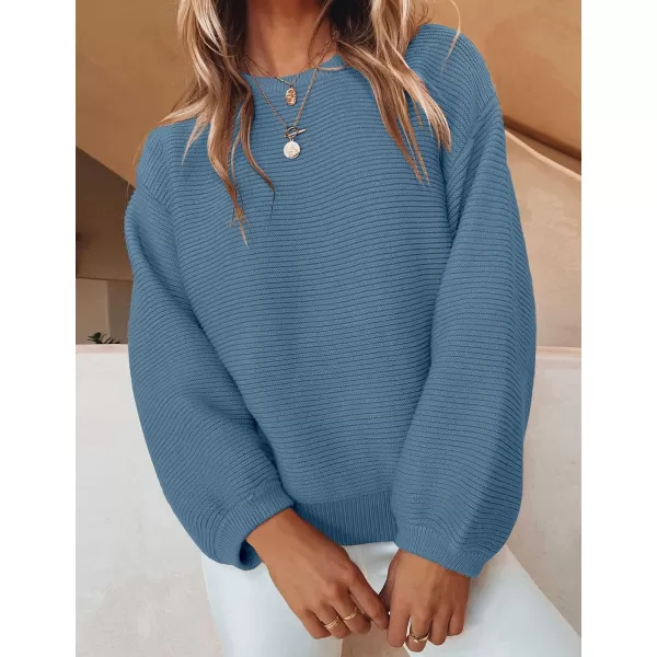ZESICA Womens 2024 Crew Neck Long Lantern Sleeve Casual Loose Ribbed Knit Solid Soft Pullover Sweater TopsDustyblue