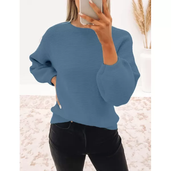 ZESICA Womens 2024 Crew Neck Long Lantern Sleeve Casual Loose Ribbed Knit Solid Soft Pullover Sweater TopsDustyblue