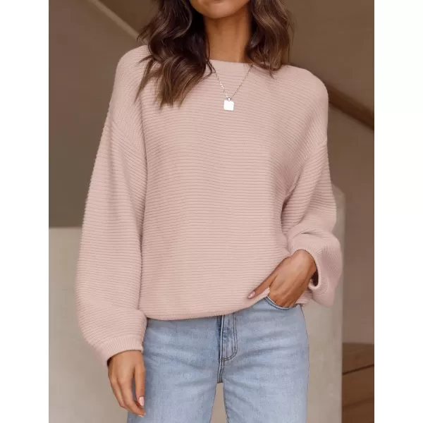 ZESICA Womens 2024 Crew Neck Long Lantern Sleeve Casual Loose Ribbed Knit Solid Soft Pullover Sweater TopsDustypink