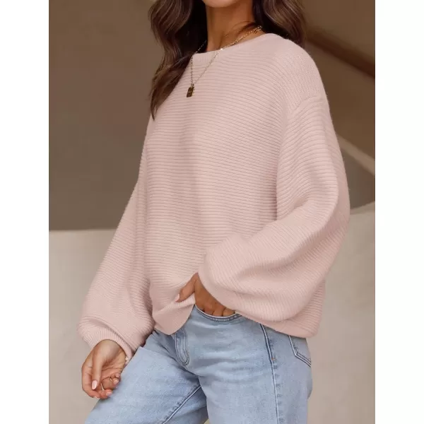 ZESICA Womens 2024 Crew Neck Long Lantern Sleeve Casual Loose Ribbed Knit Solid Soft Pullover Sweater TopsDustypink