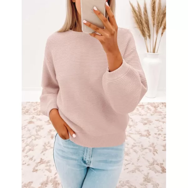 ZESICA Womens 2024 Crew Neck Long Lantern Sleeve Casual Loose Ribbed Knit Solid Soft Pullover Sweater TopsDustypink