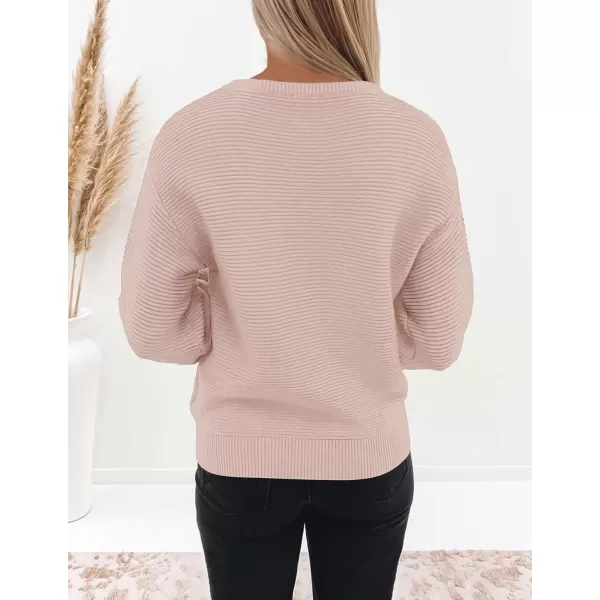 ZESICA Womens 2024 Crew Neck Long Lantern Sleeve Casual Loose Ribbed Knit Solid Soft Pullover Sweater TopsDustypink