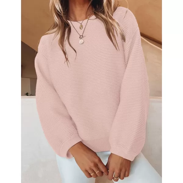 ZESICA Womens 2024 Crew Neck Long Lantern Sleeve Casual Loose Ribbed Knit Solid Soft Pullover Sweater TopsDustypink