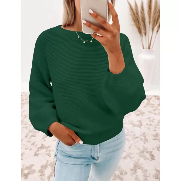 ZESICA Womens 2024 Crew Neck Long Lantern Sleeve Casual Loose Ribbed Knit Solid Soft Pullover Sweater TopsForestgreen