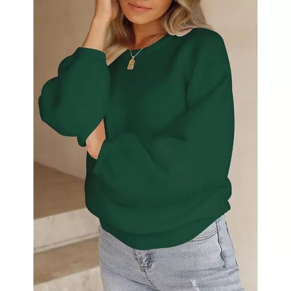 ZESICA Womens 2024 Crew Neck Long Lantern Sleeve Casual Loose Ribbed Knit Solid Soft Pullover Sweater TopsForestgreen