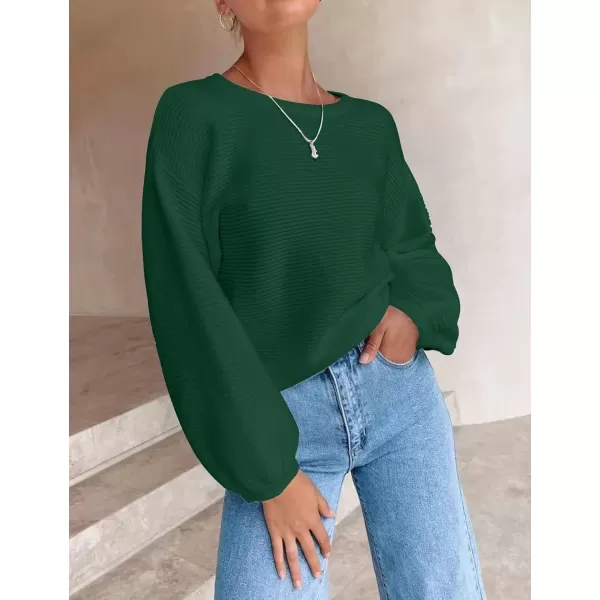 ZESICA Womens 2024 Crew Neck Long Lantern Sleeve Casual Loose Ribbed Knit Solid Soft Pullover Sweater TopsForestgreen