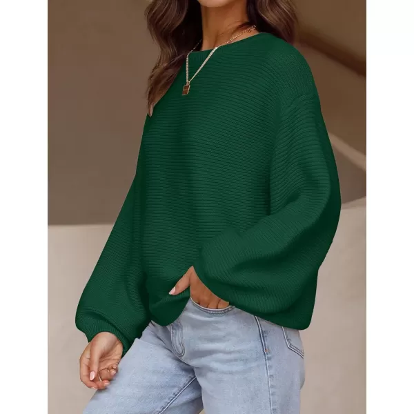 ZESICA Womens 2024 Crew Neck Long Lantern Sleeve Casual Loose Ribbed Knit Solid Soft Pullover Sweater TopsForestgreen